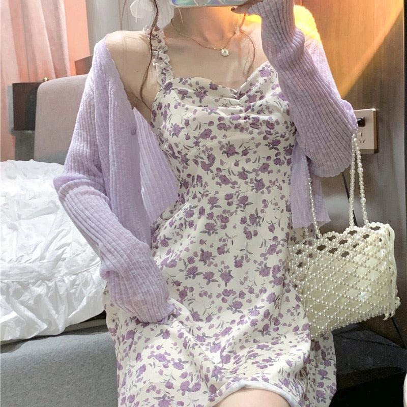 Goosudu Floral Slip Dress Fairy Dress Ladies Mini A-line Strap Dress  High Waist Ruched Purple Sundress For Women Spring  Clothing Robe Femme