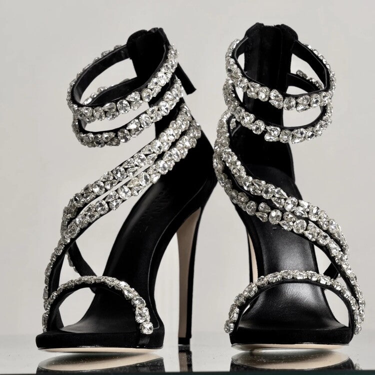 goosudu  Crystal Straps Women Sandals Back Zipper High Thin Heels Ankle Wrap Sandals Narrow Band Sweet Fashion Casual Party Female Pumps