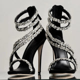 goosudu  Crystal Straps Women Sandals Back Zipper High Thin Heels Ankle Wrap Sandals Narrow Band Sweet Fashion Casual Party Female Pumps