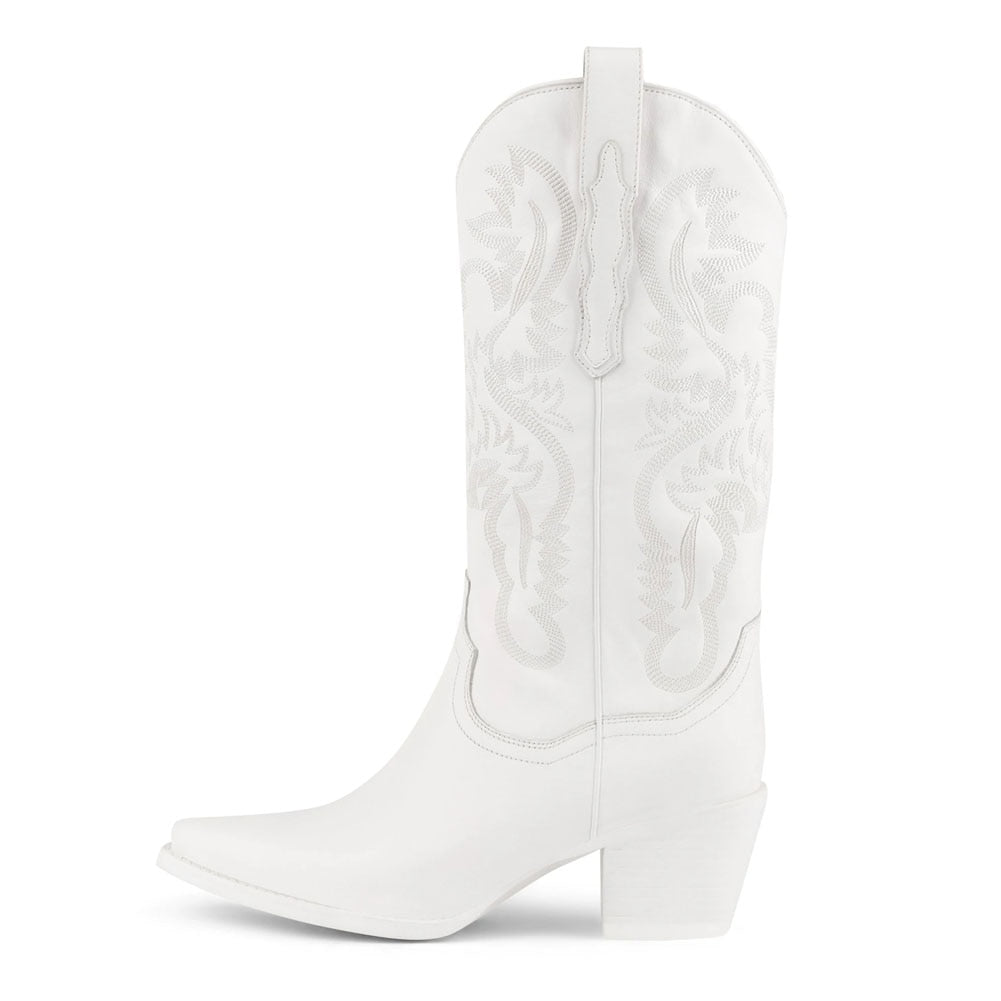 Metallic Cowboy Boots Pink Western Cowgirls Boots For Women Pointed Toe Stacked Heeled Mid Calf Brand Design Embroideried Shoes