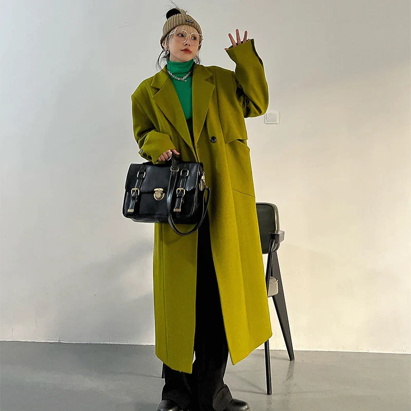 Lautaro Spring Autumn Long Green Oversized Trench Coat for Women Single Button Loose Luxury Casual Overcoat Korean Fashion