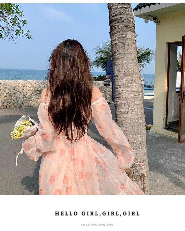 Holiday Pink Beach Dress Long Sleeve Floral Dress Women's Summer A-line Midi Princess Sweet Fairy Dress Sundress Femme Robe