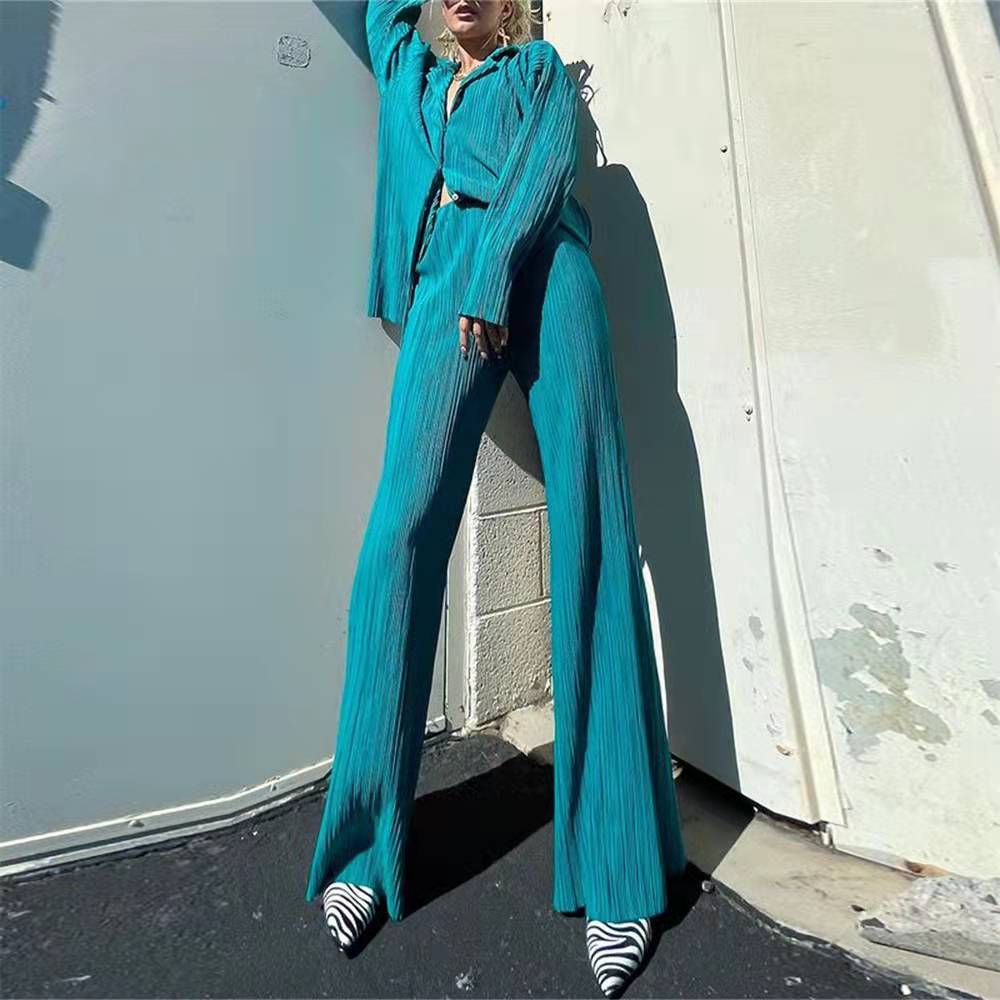 Women Pleated 2 Piece Pants Sets Spring Summer Streetwear Long Sleeve Button Down Shirt+Straight-Leg Pants Loose Outfits