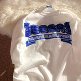 Retro Klein Blue Flocking Embroidery T Shirts Fashion Preppy Oversized Short Sleeve Tops Summer Large 3XL Casual Men Women