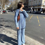 Women Pleated 2 Piece Pants Sets Spring Summer Streetwear Long Sleeve Button Down Shirt+Straight-Leg Pants Loose Outfits