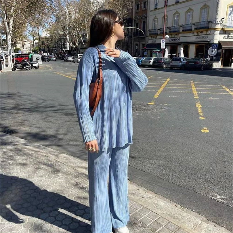 Women Pleated 2 Piece Pants Sets Spring Summer Streetwear Long Sleeve Button Down Shirt+Straight-Leg Pants Loose Outfits