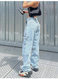 Women High Waist Baggy Jeans Flap Pocket Side Relaxed Fit Straight Wide Leg Cargo Jeans Slim Streetwear Boyfriend Jeans Trousers