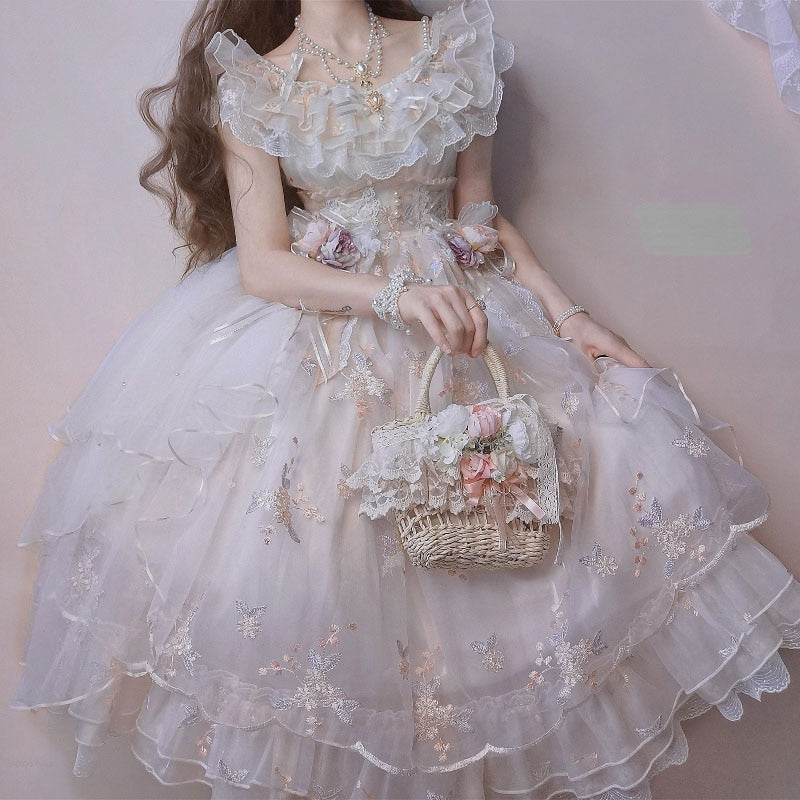 Japanese Retro Victorian Style Lolita Jsk Dress Sweet Ruffles Lace Floral Embroidery Princess Dresses Girl Women'S Summer Dress
