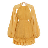 Backless Mini Dress For Women Round Neck Lantern Sleeve High Waist Solid Minimalsit Dresses Female Spring Clothing