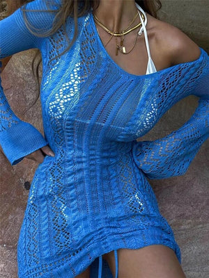 Women Deep V-neck Hollow Out Sexy Knitted Dresses Solid Long Sleeve Drawstring Mini dress Fashion Casual Spring Streetwear