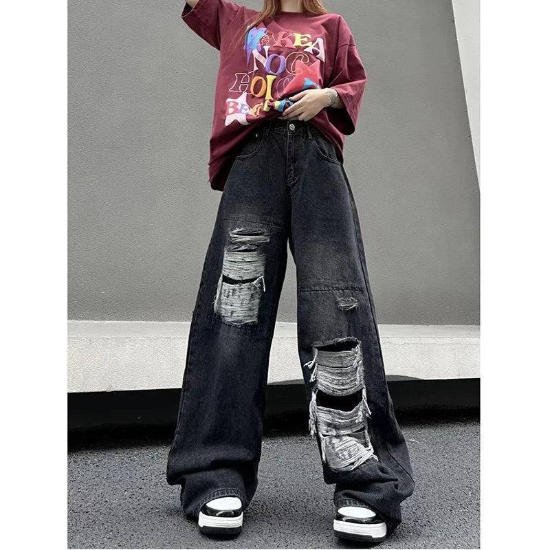 Ripped Baggy Jeans For Women Summer streetwear Fashion High Waist Boyfriend Jeans For Women Gothic Denim Pants Woman