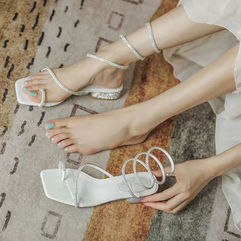 Summer New Women's Sandals Fashion Luxury Rhinestone Butterfly Snake Surround Chunky Heel Banquet Shoes