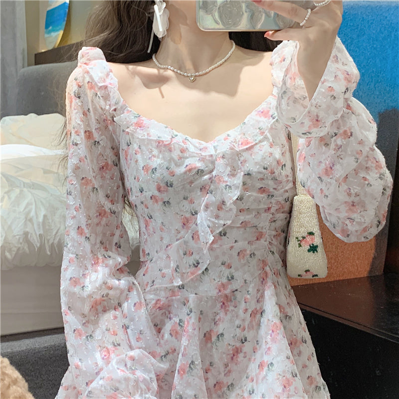 Goosudu Fairy Dress Holiday Irregular Floral Dress Square Collar Women's Spring Long Sleeved Princess Slim Fairy Dress Ruffle Short Dress Vacation