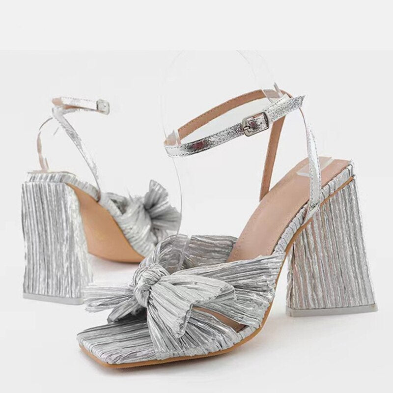 Size 44 45 46 Fashion Pleated Butterfly-Knot Womens Sandals Gladiator Peep Toe Buckle Strap Triangle High Heels Dress Shoe