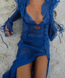 goosudu Long Sleeve Blue Maxi Summer Beach Dress Ruffle Bandage Mesh Club Party Sexy Dresses Women Outfit See Though Y2K 90’S