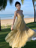 V Neck Tulle Print Sexy Evening Maxi Dresses For Women Party Slip Strap Backless Pleated Dress Club Beach Robe Femme Summer