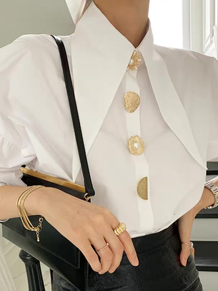 Women Shirts French Vintage Blouse White Spring Button Up Shirt Pointed Collar Long Puff Sleeve Pearl Button Solid Tops