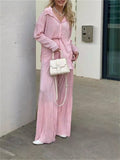Women Pleated 2 Piece Pants Sets Spring Summer Streetwear Long Sleeve Button Down Shirt+Straight-Leg Pants Loose Outfits