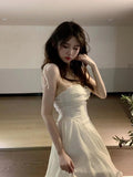 goosudu Fairy Dress Summer Spaghetti Strap Dress Pleated Backless Corset Dress High Waist Slim Short A-Line Dress Gauze Women's Spring Clothing