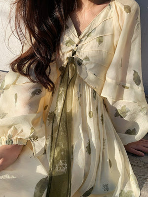 Frehcn Vintage Floral Midi Dress Office Lady V-Neck Casual Beach Party Dress Women Summer Chiffon One Piece Dress Korean