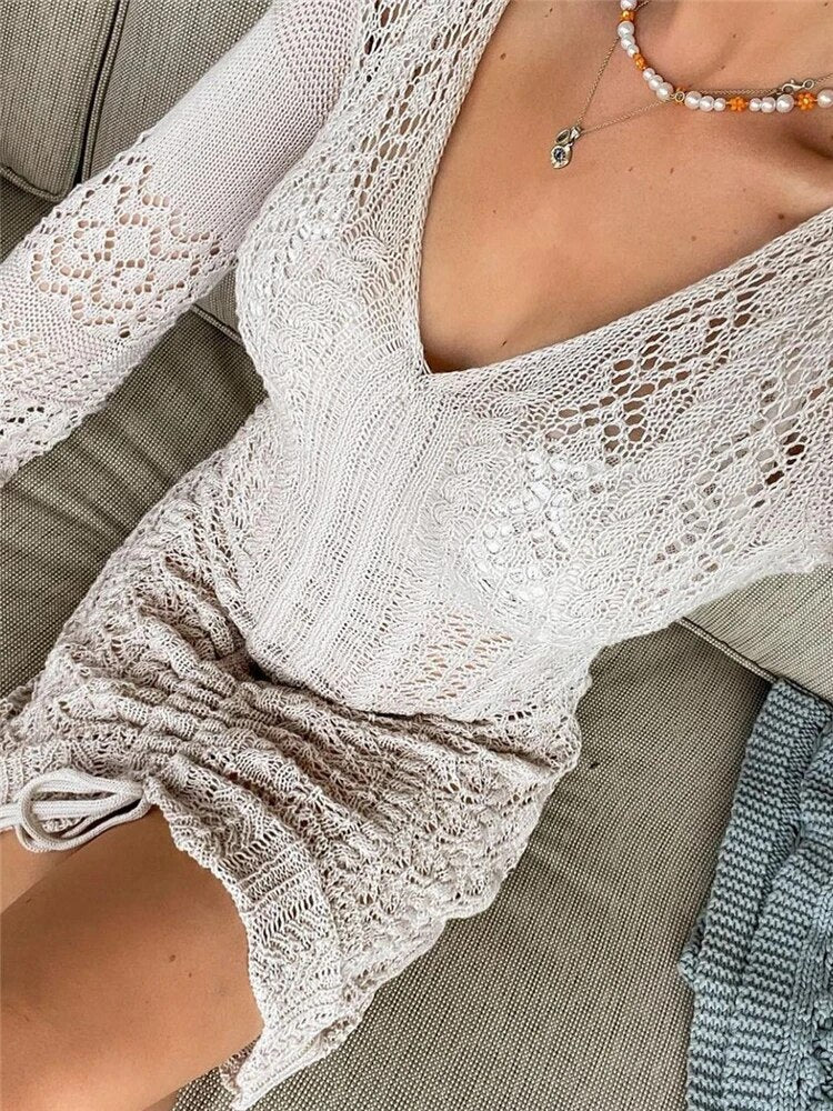 Women Deep V-neck Hollow Out Sexy Knitted Dresses Solid Long Sleeve Drawstring Mini dress Fashion Casual Spring Streetwear