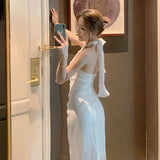 Summer Women Elegant Suspenders Midi Dress White Sexy Backless Ruffle Fishtail Dress Retro Luxury Ladies Clothing