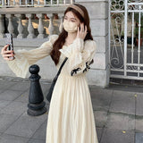 Spring  Women Chic Puff Sleeve Cute Solid Fairy Dress Elegant  High Waist Princess Summer A-Line Long Dress Femme Robe Holiday