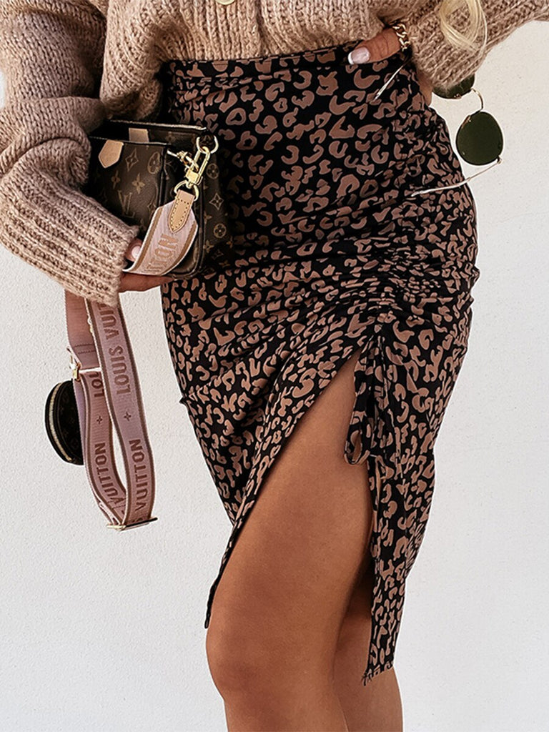 Midi Skirt Women Leopard Spring Lace Up Slit Bodycon High Waist Drawstring Printed Sexy Skirt Casual Office Female Skirt