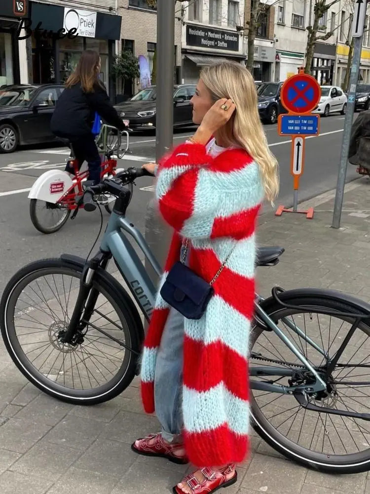 Stripe Women Knit Splice Cardigans Loose Autumn Winter Vintage Full Sleeve Long Coat Ladies Casual Street Jacket Knitwear