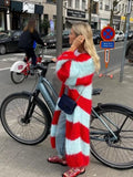 Stripe Women Knit Splice Cardigans Loose Autumn Winter Vintage Full Sleeve Long Coat Ladies Casual Street Jacket Knitwear