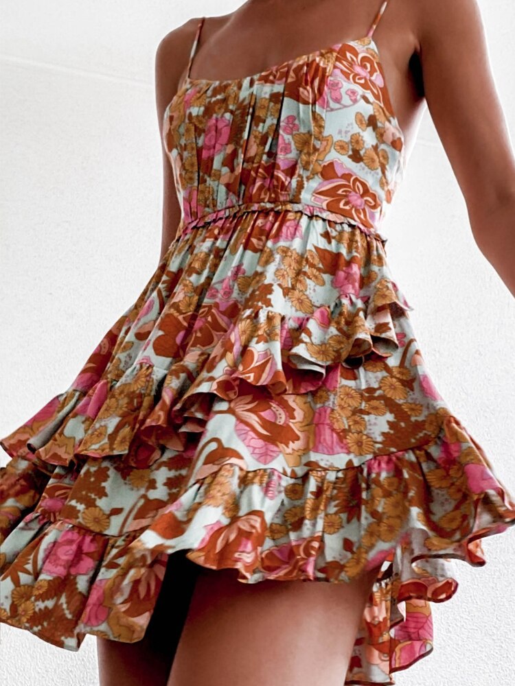 Casual Floral Elegant French Dress Summer Women Sexy Backless Bandage Halter Pink Flower Print Beach Style Mini Dress