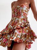 Casual Floral Elegant French Dress Summer Women Sexy Backless Bandage Halter Pink Flower Print Beach Style Mini Dress