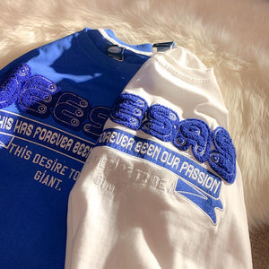 Retro Klein Blue Flocking Embroidery T Shirts Fashion Preppy Oversized Short Sleeve Tops Summer Large 3XL Casual Men Women