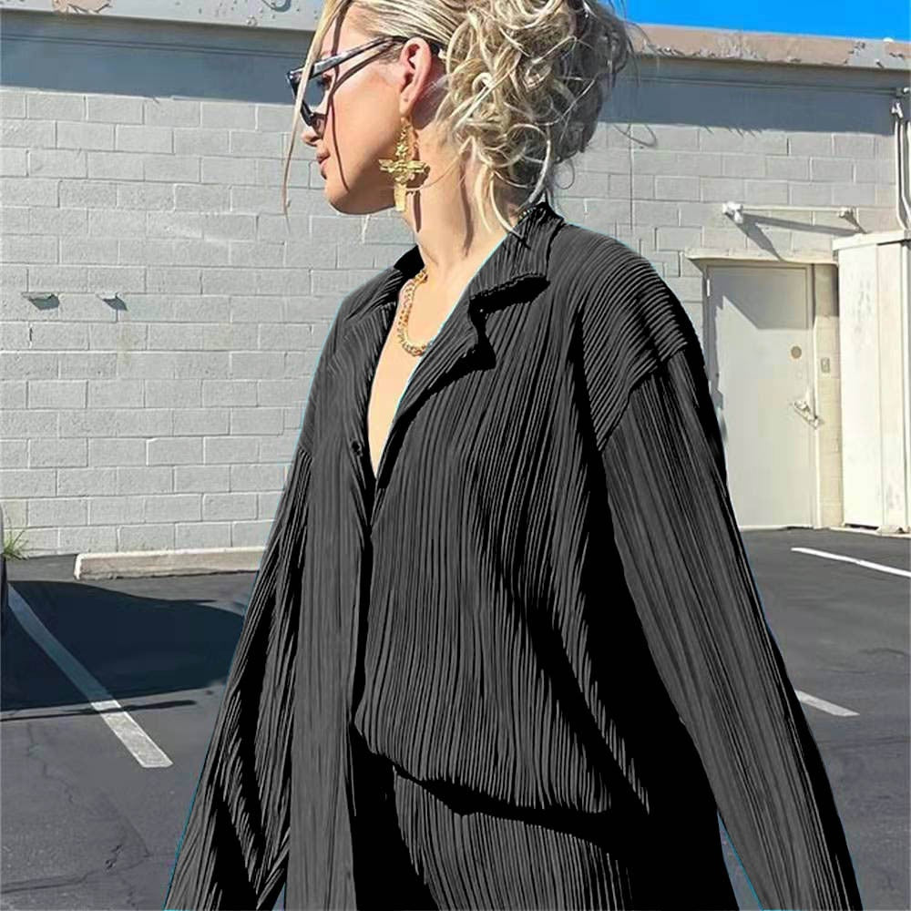 Women Pleated 2 Piece Pants Sets Spring Summer Streetwear Long Sleeve Button Down Shirt+Straight-Leg Pants Loose Outfits