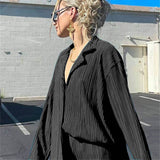 Women Pleated 2 Piece Pants Sets Spring Summer Streetwear Long Sleeve Button Down Shirt+Straight-Leg Pants Loose Outfits