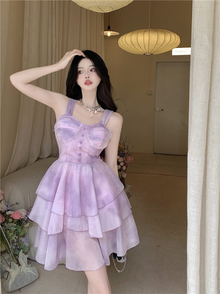 Holiday Sexy Spaghetti Strap Dress High Waist Sweet Mini Princess Dress Female Summer Purple Mesh Puffy Dress Robe Vestido