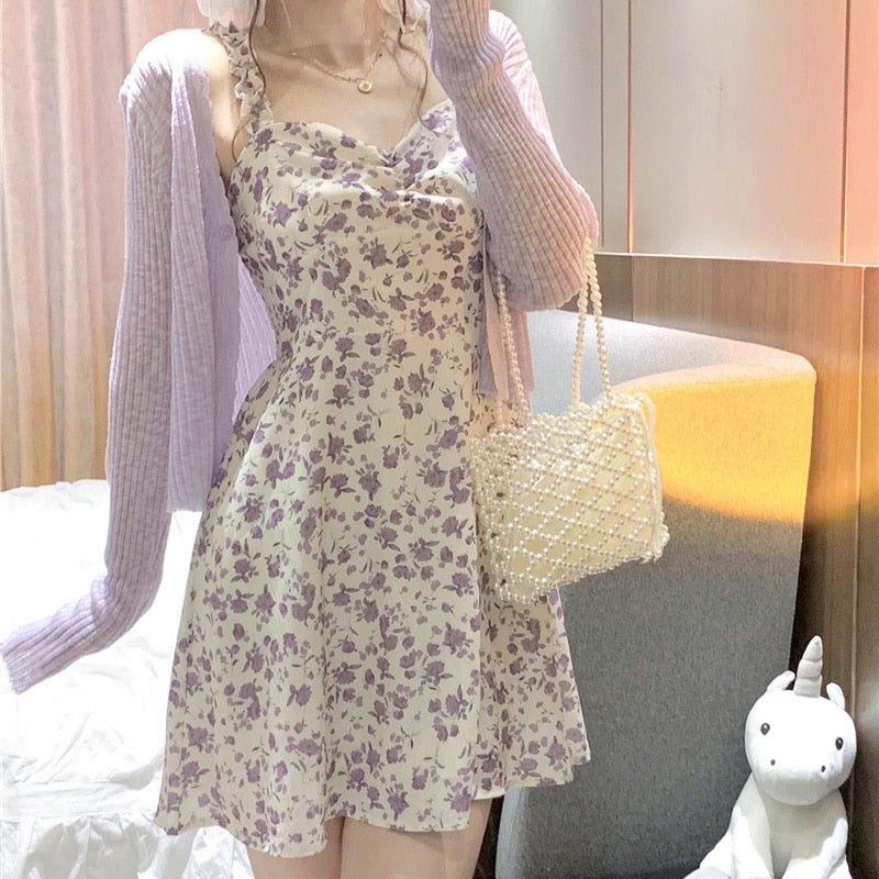 Goosudu Floral Slip Dress Fairy Dress Ladies Mini A-line Strap Dress  High Waist Ruched Purple Sundress For Women Spring  Clothing Robe Femme