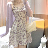 Goosudu Floral Slip Dress Fairy Dress Ladies Mini A-line Strap Dress  High Waist Ruched Purple Sundress For Women Spring  Clothing Robe Femme