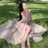 Women's Long Ball Princess Dresses Elegant Backless Spaghetti Strap Party Split Bandage Ruffled Dress Summer Sexy Fashion Boho