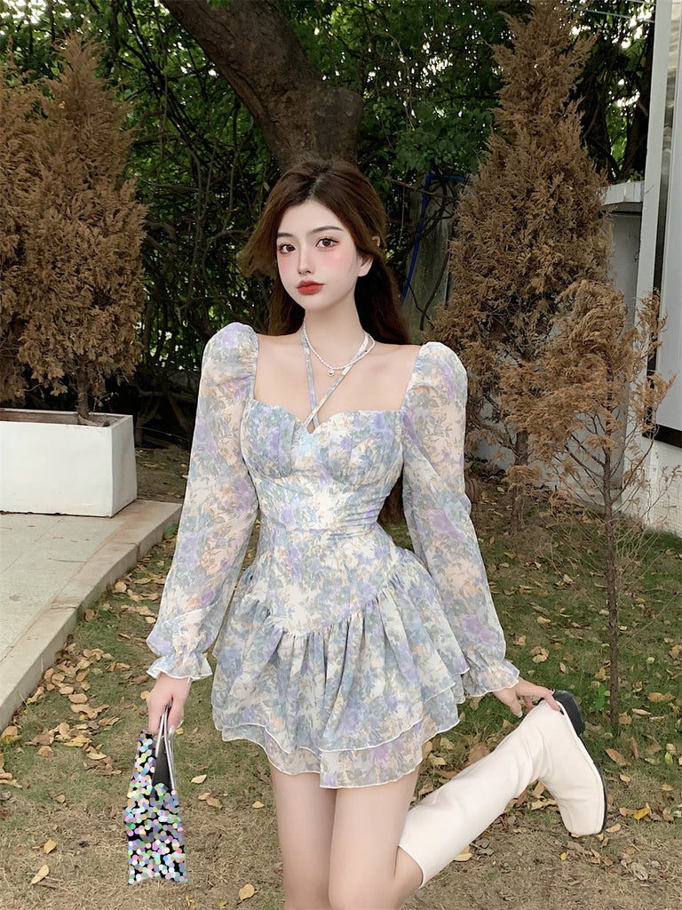 Goosudu  Sexy Floral One Piece Dress Korean Fashion Woman Puff Sleeve Y2k Mini Dress Casual Spring Design Elegant Short Party Dress