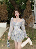 Goosudu  Sexy Floral One Piece Dress Korean Fashion Woman Puff Sleeve Y2k Mini Dress Casual Spring Design Elegant Short Party Dress