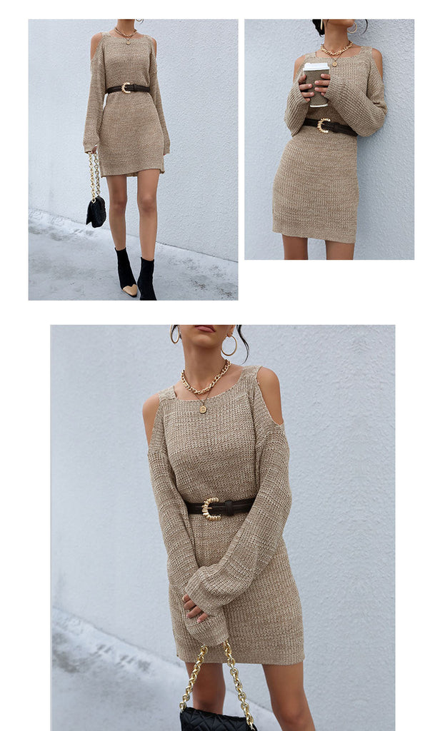 Jenvon Coran Women Autumn Winter Knited Sweater Dresses,  Pullover Tunics, Female Sexy Off The Shoulder Long Sleeve Mini Dress.