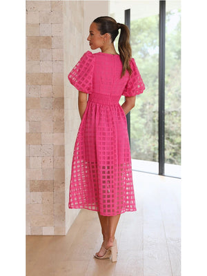 Lantern Sleeve Breasted Rose Red Vintage A-line Party Dress Plaid Transparent Zip Waist Elastic Summer Midi Boho Dress