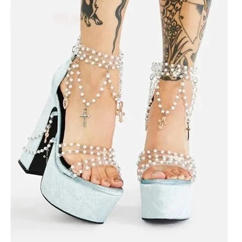 Fairy Girl's Pearl Beaded Platform Chunky Sandals Beading Necklace Chains Velvet High Heels Crystal Tassel One Line Lolita Shoes