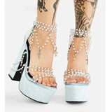 Fairy Girl's Pearl Beaded Platform Chunky Sandals Beading Necklace Chains Velvet High Heels Crystal Tassel One Line Lolita Shoes