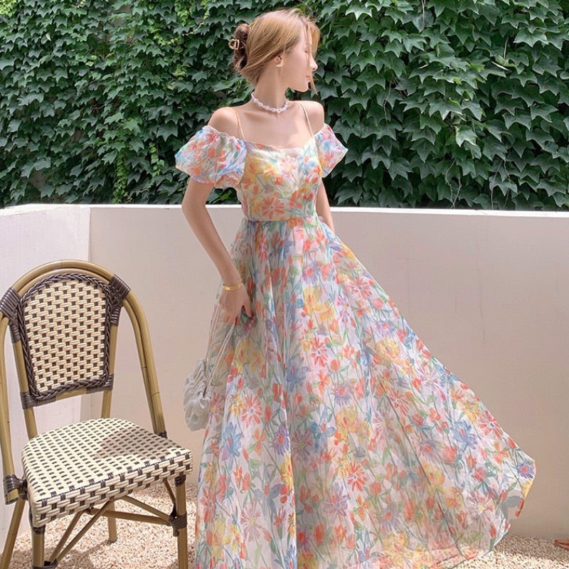 goosudu Women's Summer Floral Dress Spaghetti Strap Dress Backless Puff Sleeves Sweet A-line Off Shoulder Midi Dress Holiday