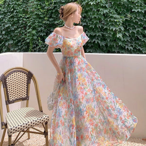 goosudu Women's Summer Floral Dress Spaghetti Strap Dress Backless Puff Sleeves Sweet A-line Off Shoulder Midi Dress Holiday