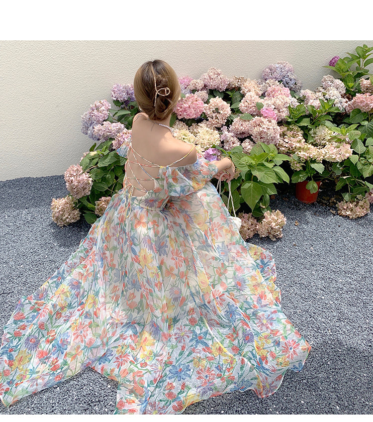 goosudu Women's Summer Floral Dress Spaghetti Strap Dress Backless Puff Sleeves Sweet A-line Off Shoulder Midi Dress Holiday