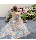 goosudu Women's Summer Floral Dress Spaghetti Strap Dress Backless Puff Sleeves Sweet A-line Off Shoulder Midi Dress Holiday