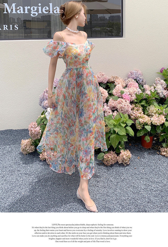 goosudu Women's Summer Floral Dress Spaghetti Strap Dress Backless Puff Sleeves Sweet A-line Off Shoulder Midi Dress Holiday